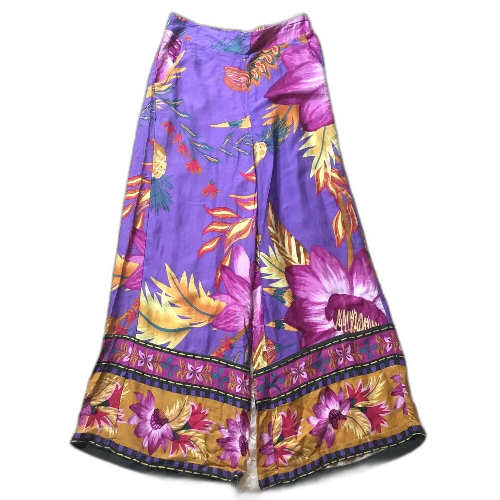 Wide leg bold floral pants purple yellow orange hippie floaty waist 29"-31" S